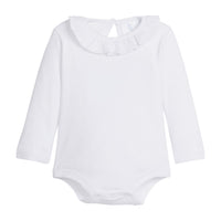 Little English classic kids clothing, long sleeve white knit onesie with ruffled collar trimmed in white picot for baby girls