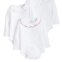 Caroline Knit Onesies in light pink, white, and red
