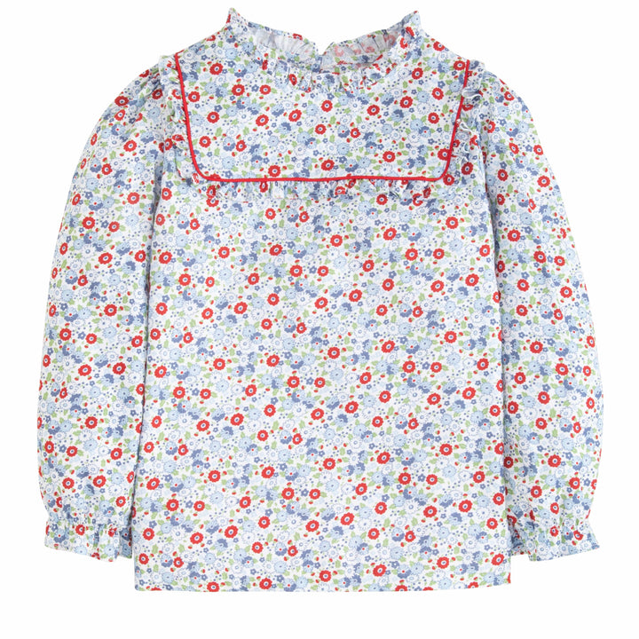 Little English classic kids clothing, girls blouse in blue and red floral pattern with ruffles around neck and sleeves and red piping detailing