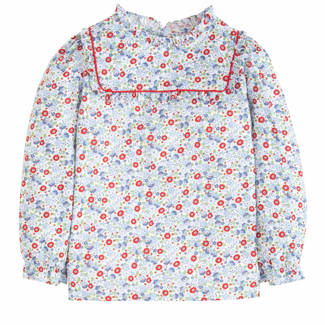 Little English classic kids clothing, girls blouse in blue and red floral pattern with ruffles around neck and sleeves and red piping detailing