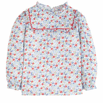 Little English classic kids clothing, girls blouse in blue and red floral pattern with ruffles around neck and sleeves and red piping detailing