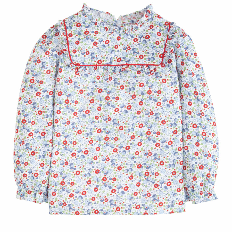 Little English classic kids clothing, girls blouse in blue and red floral pattern with ruffles around neck and sleeves and red piping detailing