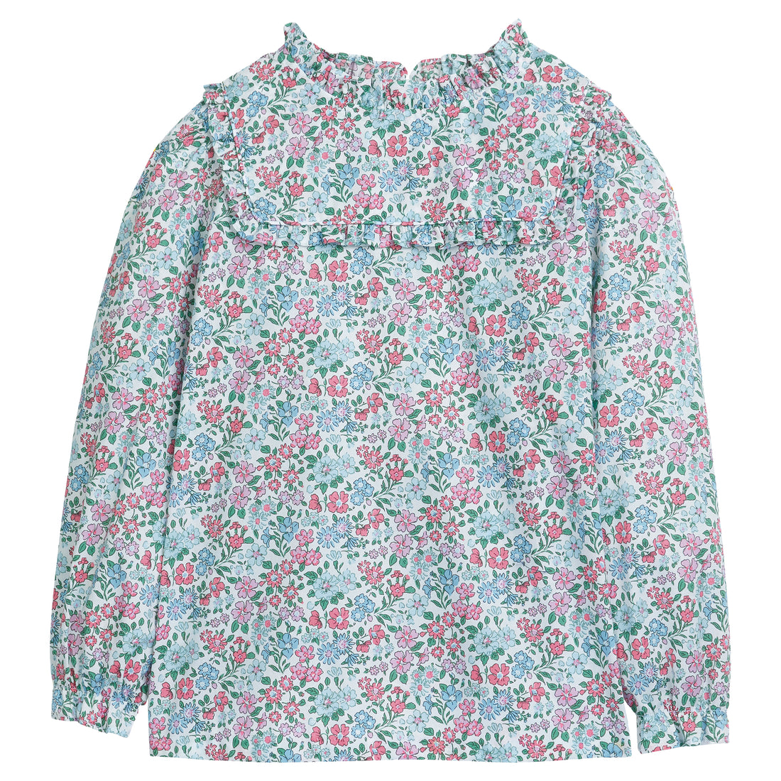 Little English classic childrens clothing girls long sleeve pink and blue floral blouse with ruffled collar