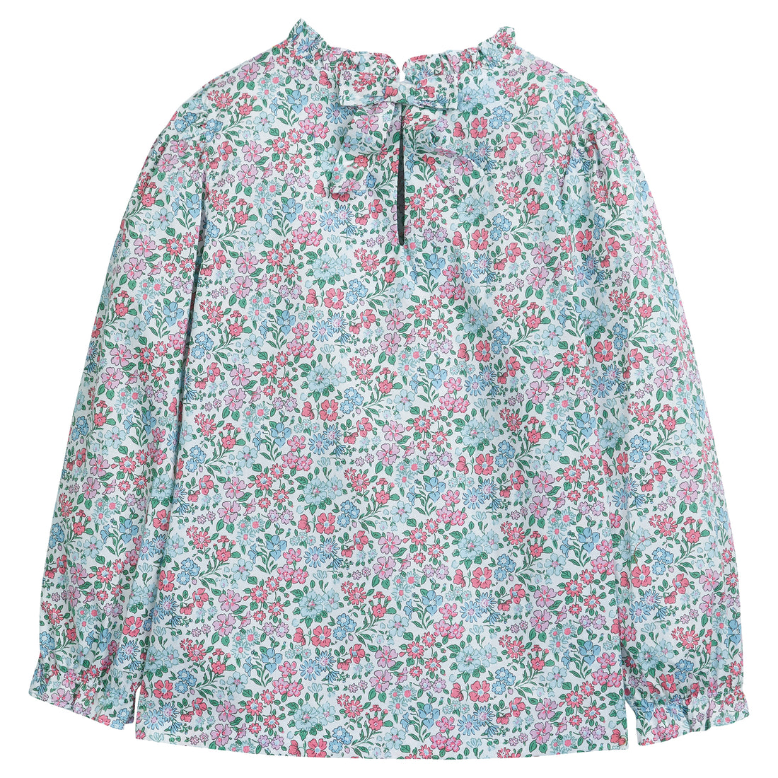 Little English classic childrens clothing girls long sleeve pink and blue floral blouse with ruffled collar