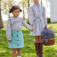 Little English tween girl classic blue red and pink floral knee length dress with bow sash waist and ruffled collar