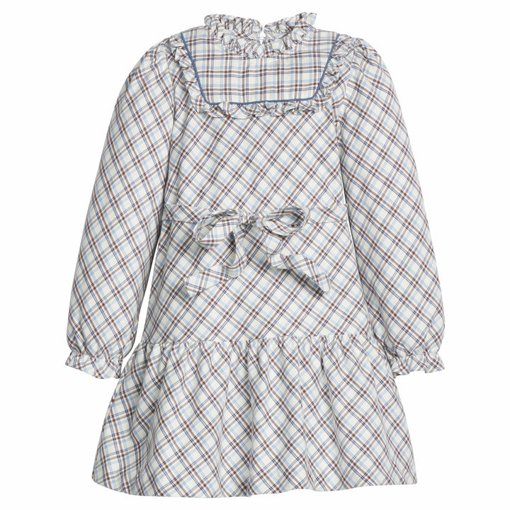 little english classic children's clothes, girls light blue, brown, and cream plaid long sleeve dress with tie waist and ruffled high neck for fall 