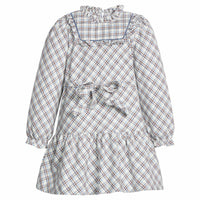 little english classic children's clothes, girls light blue, brown, and cream plaid long sleeve dress with tie waist and ruffled high neck for fall 