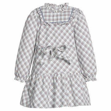 little english classic children's clothes, girls light blue, brown, and cream plaid long sleeve dress with tie waist and ruffled high neck for fall 