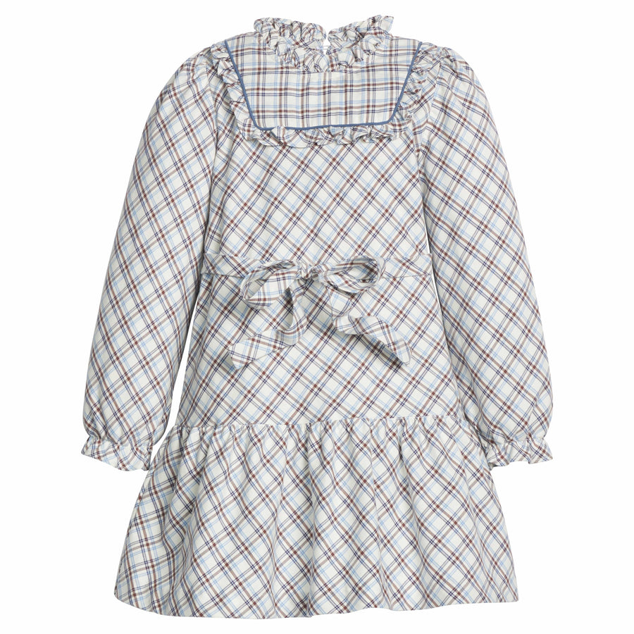 little english classic children's clothes, girls light blue, brown, and cream plaid long sleeve dress with tie waist and ruffled high neck for fall 