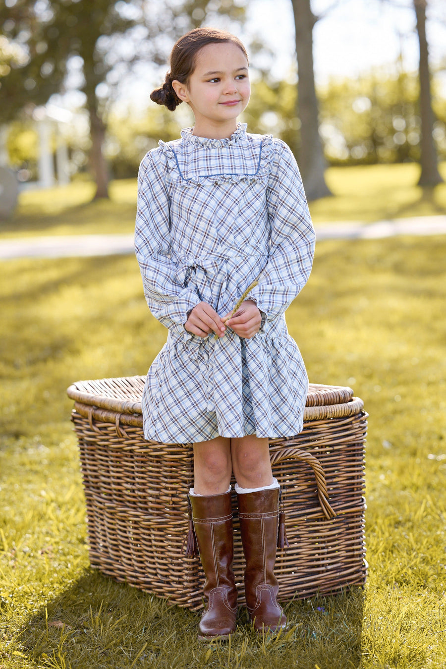 little english classic children's clothes, girls light blue, brown, and cream plaid long sleeve dress with tie waist and ruffled high neck for fall 