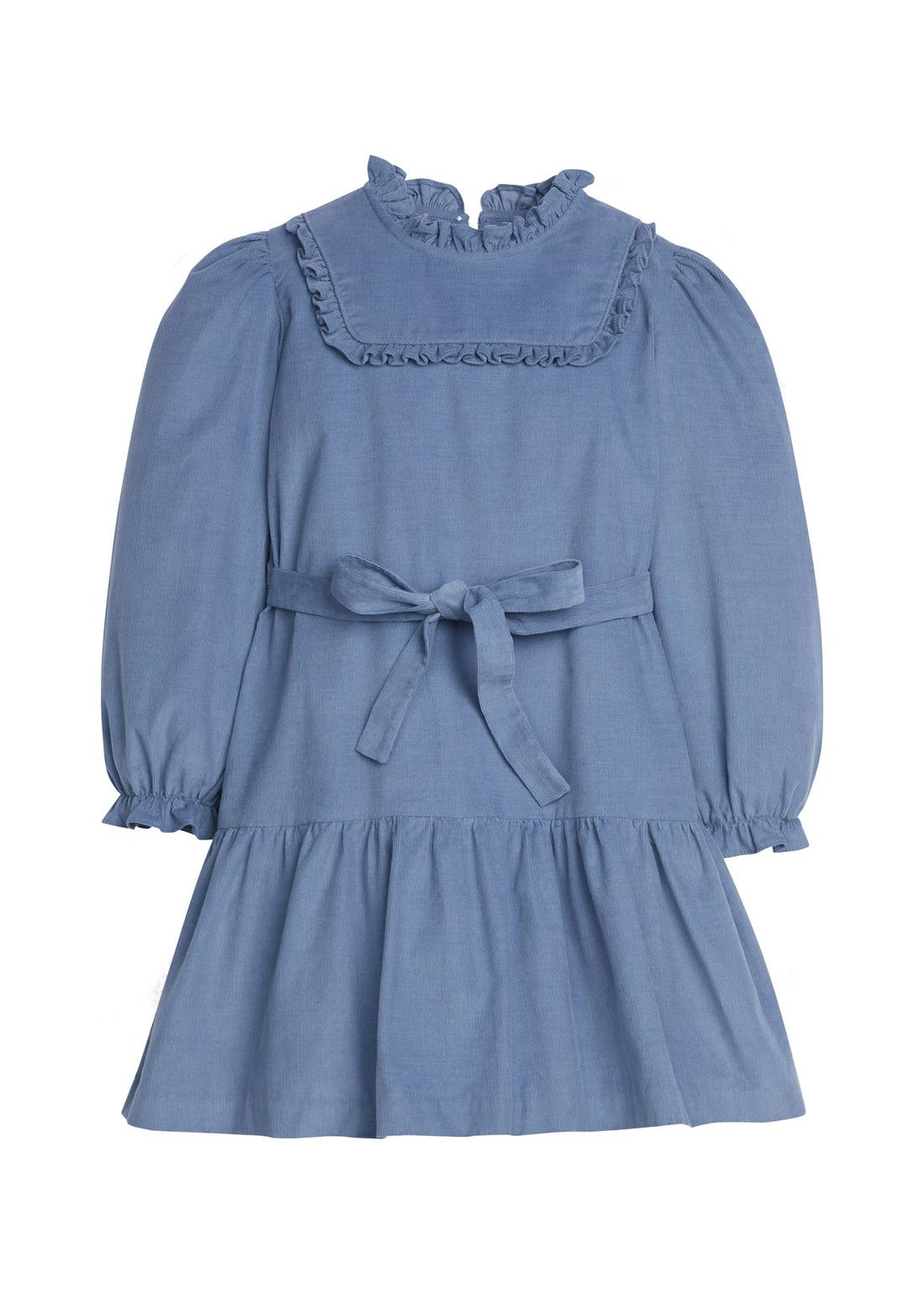Little English traditional clothing, carrick dress in stormy blue corduroy with ruffle details on collar, chest, and sleeve cuffs, bow around waist for little girl