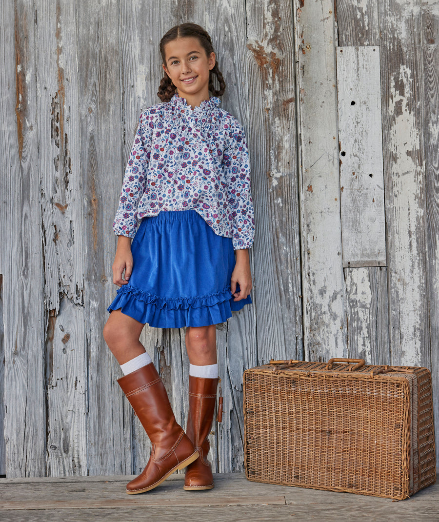little english classic childrens clothing girls royal blue corduroy skirt with ruffles at the hem