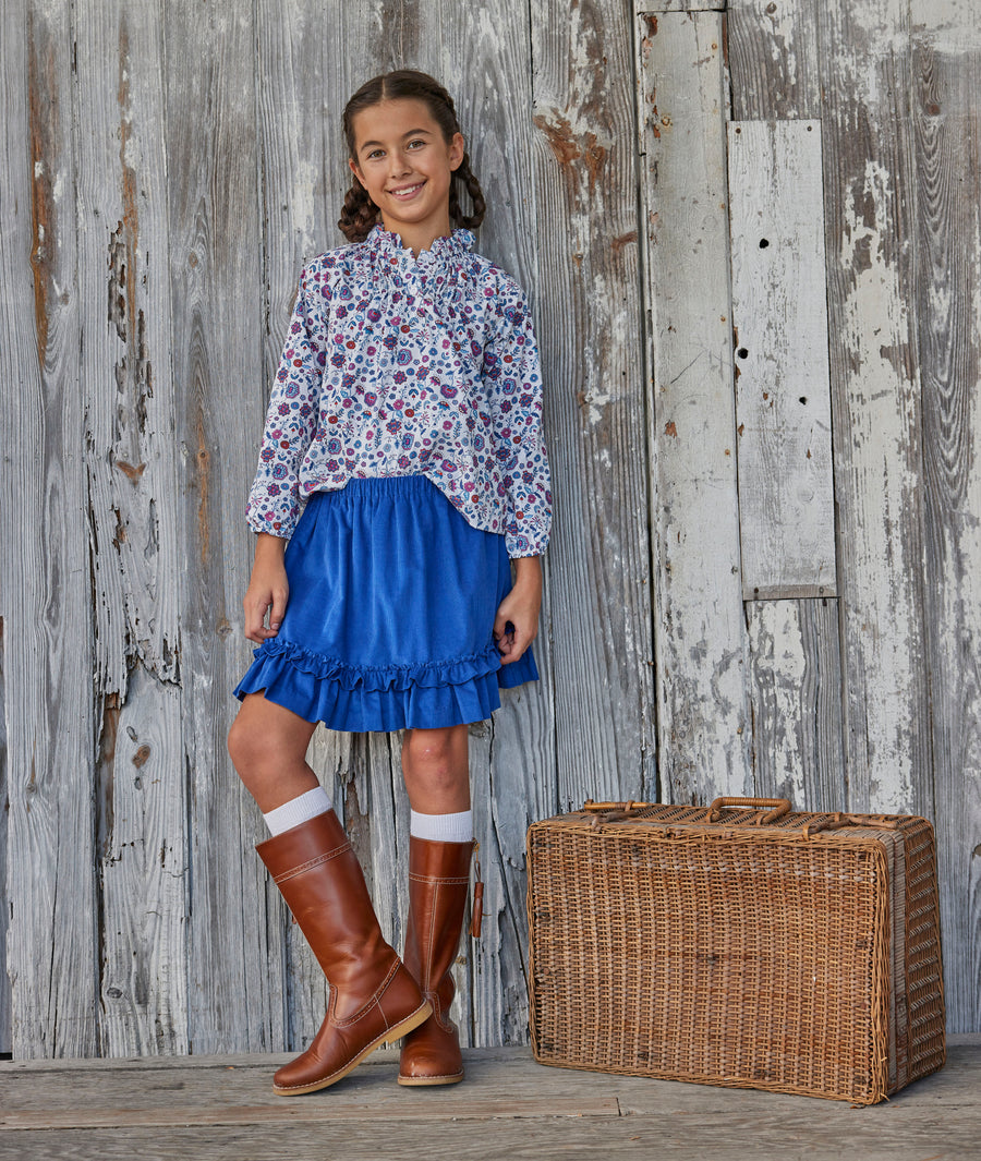 Little English tween girl classic woven blue and red floral on white blouse with long sleeves and cinched neckline