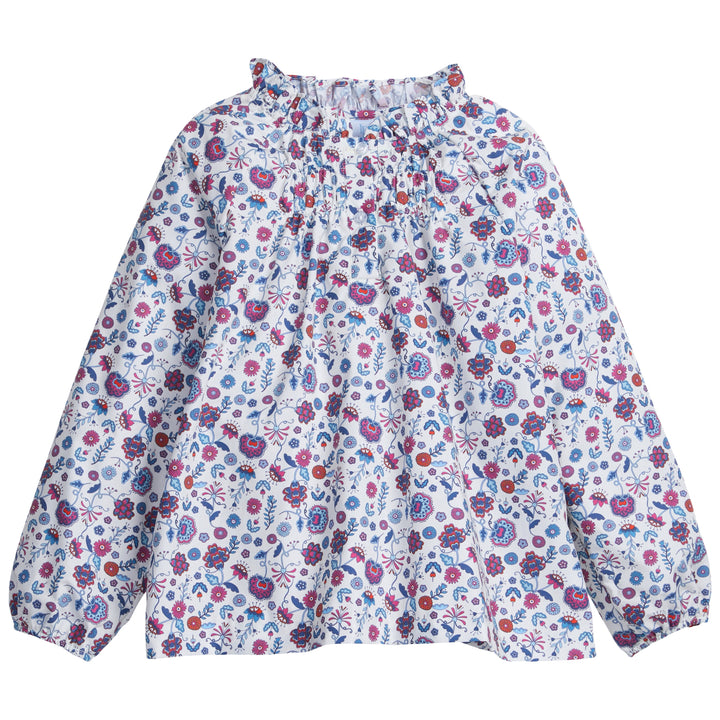 little english classic childrens clothing girls blue and red floral blouse with cinching at the neckline 