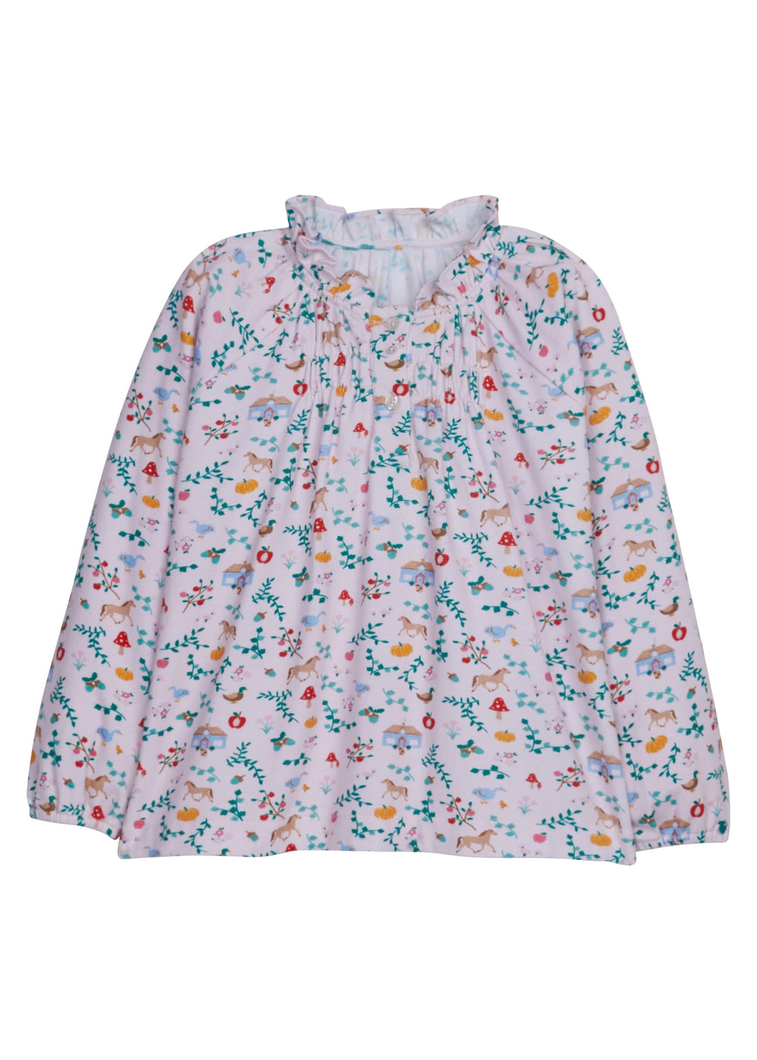 little english classic childrens clothing girls long sleeve pink blouse with fall harvest motif pattern