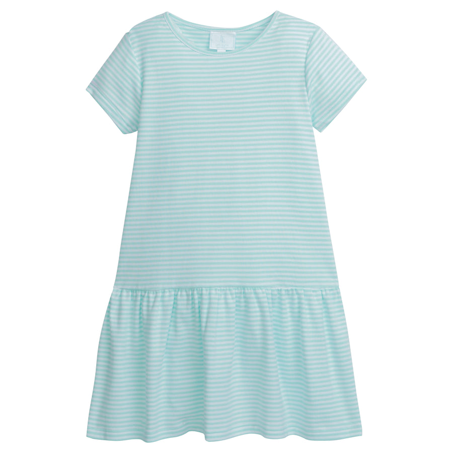 Little English girl's knit striped dress for spring, aqua and white  drop waist dress