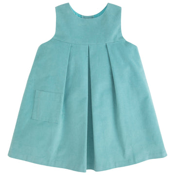 little english classic childrens clothing girls pleated green/blue corduroy jumper