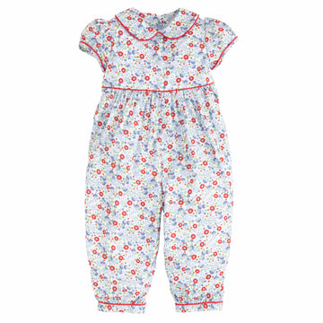 Little English classic kids clothing, girls romper in blue and red floral print with red piping detail and peter pan collar
