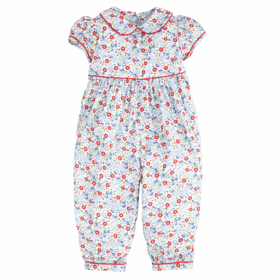 Little English classic kids clothing, girls romper in blue and red floral print with red piping detail and peter pan collar
