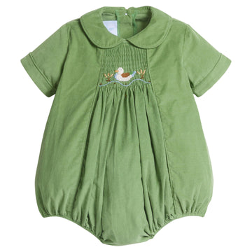 little english classic children's clothes, boys green corduroy bubble with peter pan collar and smocking on the chest with mallard motif 