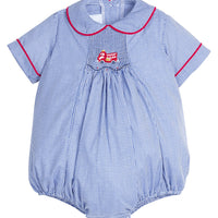 Little English traditional children's clothing.  Short sleeve peter pan bubble in royal blue gingham with red piping and fire truck smocking at the chest for baby boys