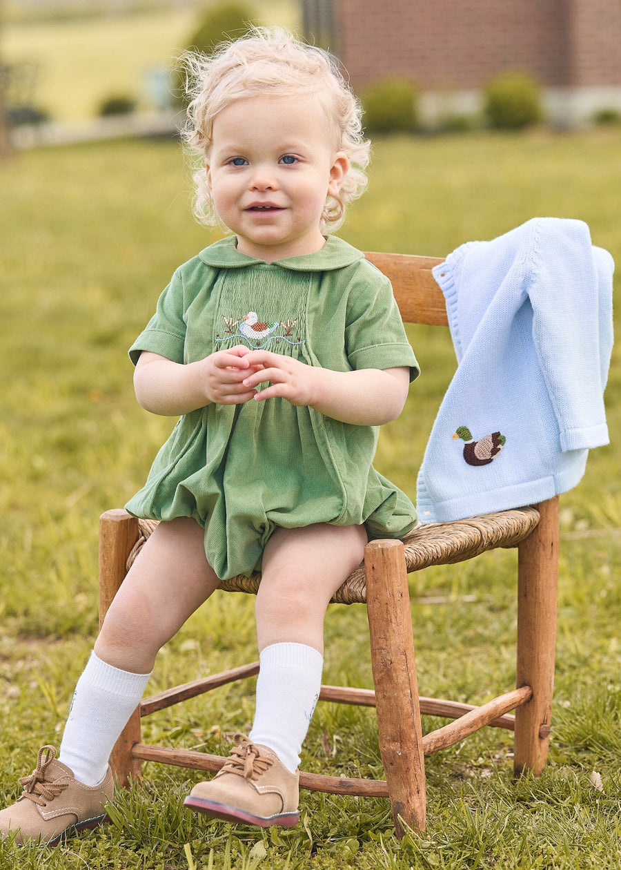 little english classic children's clothes, boys green corduroy bubble with peter pan collar and smocking on the chest with mallard motif, Mallard crochet cardigan with wooden buttons