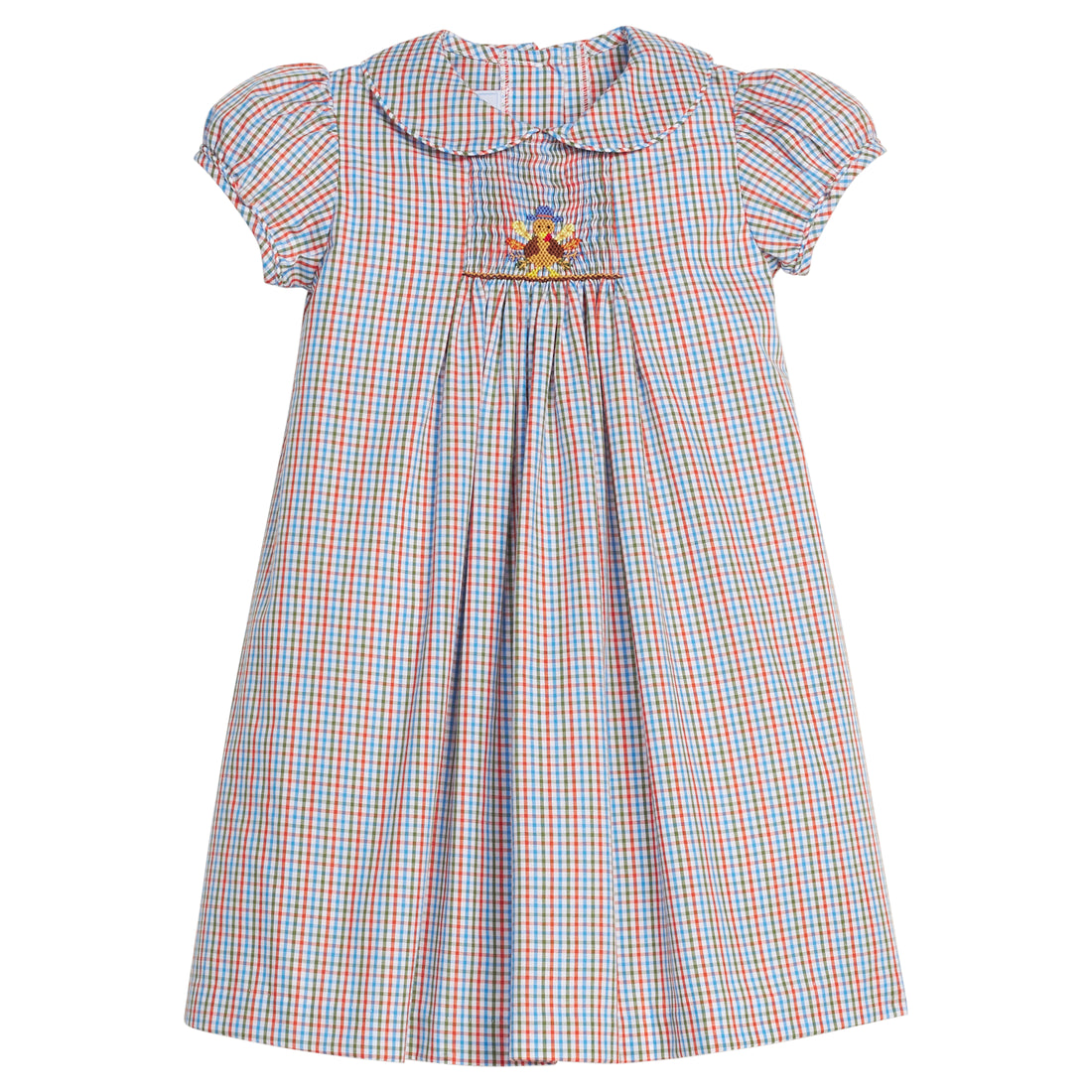 Little English plaid smocked peter pan dress for girls, turkey smocked outfit for Thanksgiving