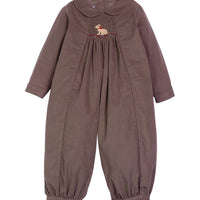 Little English traditional children's clothing.  Chocolate brown corduroy romper for baby boys with peter pan collar and lab smocking at the chest