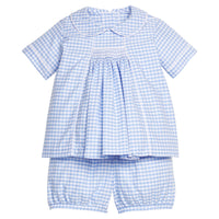 Little English traditional children's clothing.  Classic short set for toddler boys with peter pan shirt with smocking at the chest and coordinating banded shorts in blue Mayfair Gingham