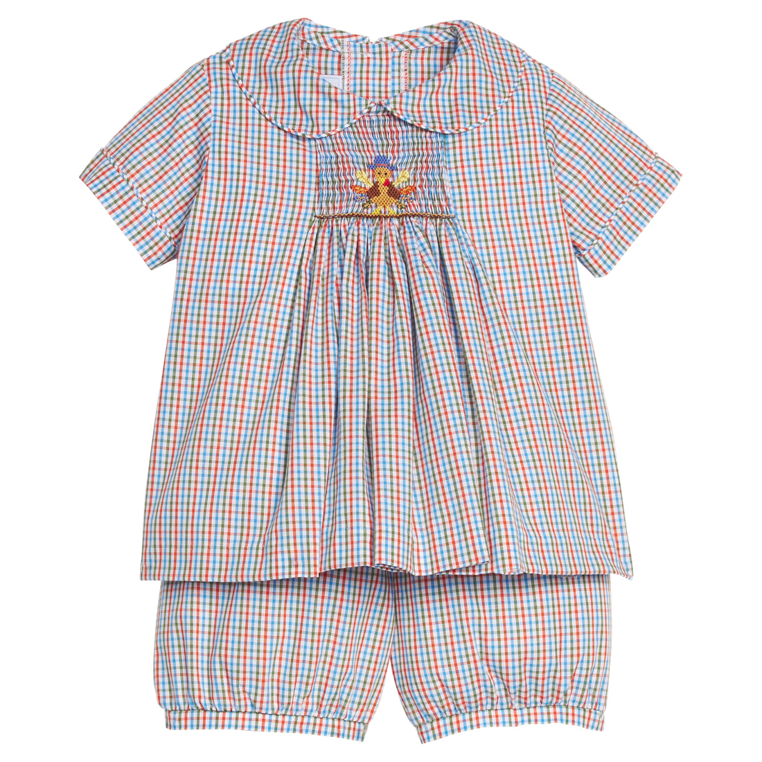 Little English plaid smocked short set for boys, turkey smocked outfit for Thanksgiving