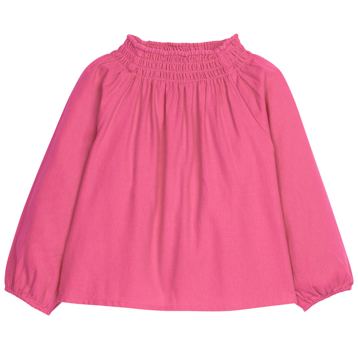 Little English girl's long sleeve pink blouse with ruching at collar