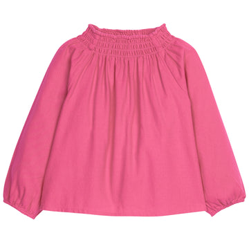 Little English girl's long sleeve pink blouse with ruching at collar