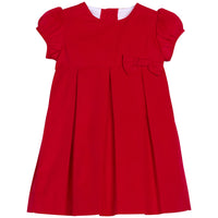 Little English traditional children's clothing.  Short sleeve red corduroy dress for little girls with capped sleeves and off-center fixed bow at waist.
