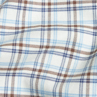 Little English traditional children's clothing. Blue, brown, and cream Clarkson Plaid fabric swatch