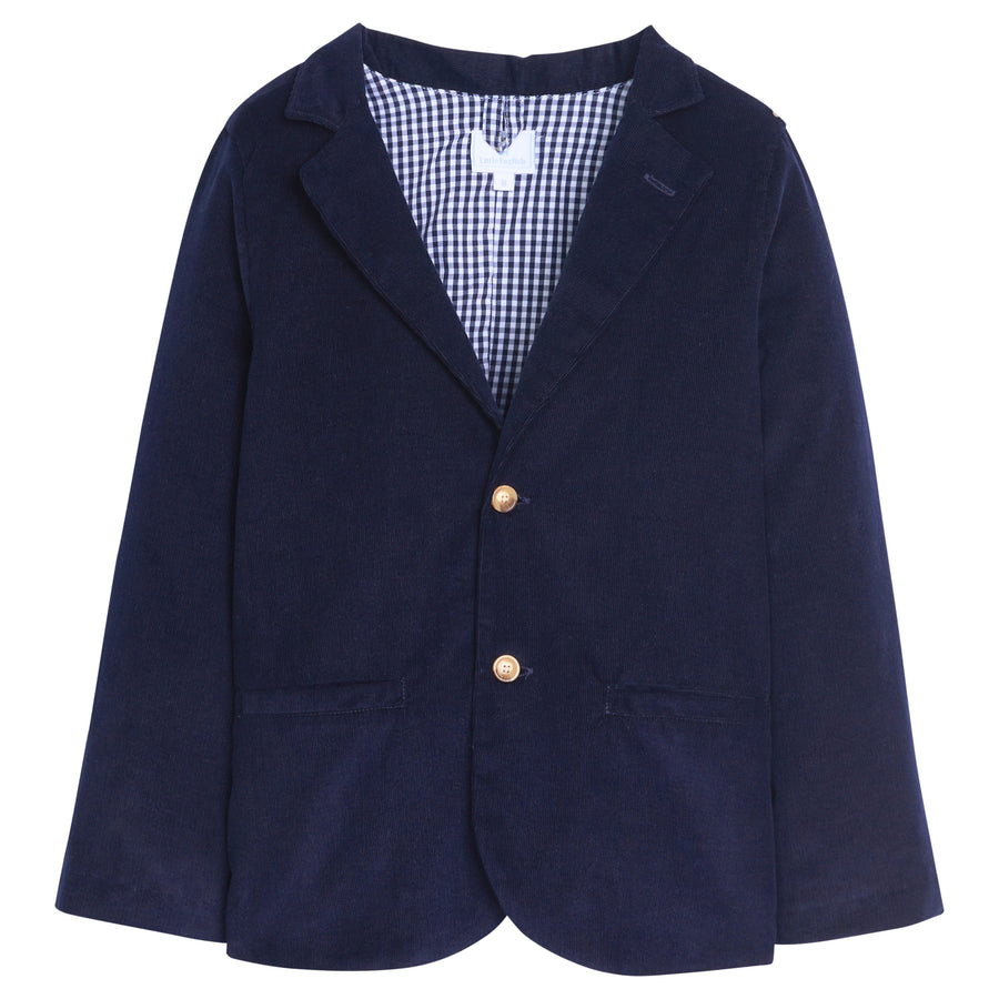 Little English traditional boy's blazer, classic navy corduroy blazer with two tortoise buttons