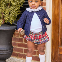 Little english classic children's clothing, cashmere blend cardigan in navy,  double london blouse with navy stitching on collar, bow bloomers in middleburg plaid, knee high socks with navy bow motif, fall outfit for little girl  