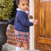 Little english classic children's clothing, cashmere blend cardigan in navy,  double london blouse with navy stitching on collar, bow bloomers in middleburg plaid, knee high socks with navy bow motif, fall outfit for little girl 