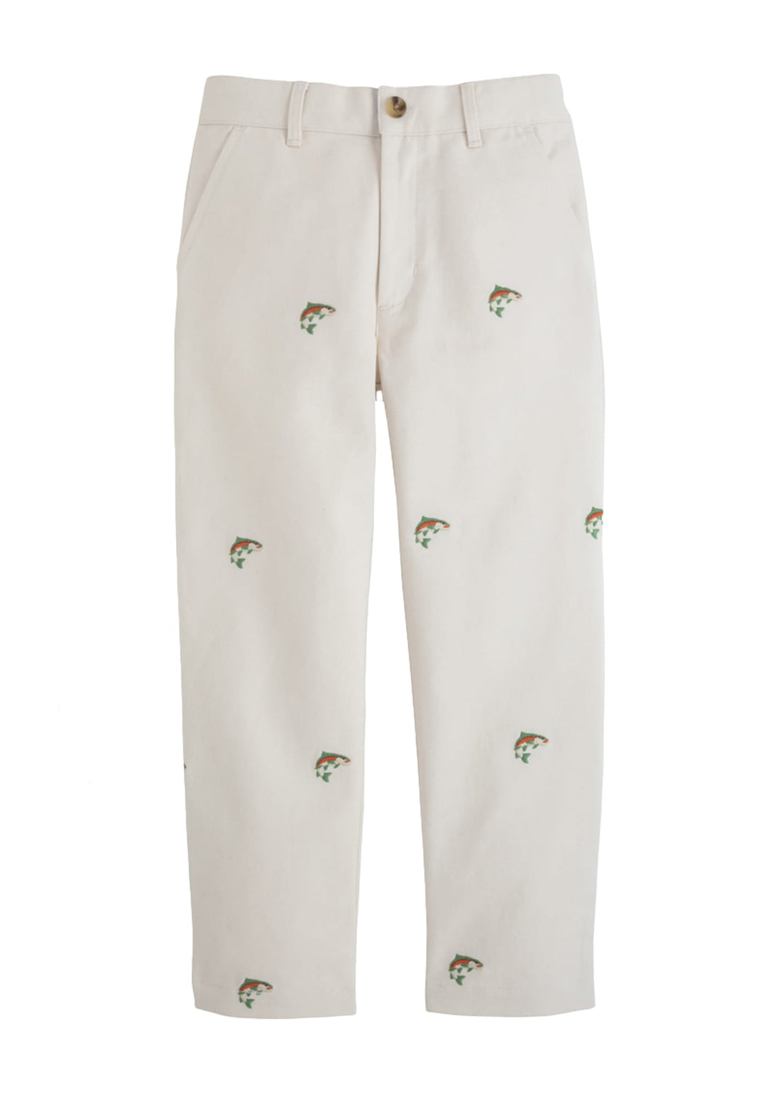 classic childrens clothing boys pant in khaki with embroidered trout pattern