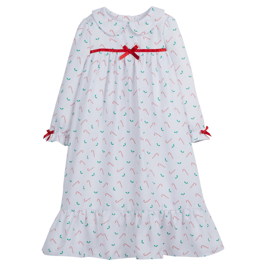 Little English traditional girl's flannel style nightgown, little girl's classic christmas nightgown with bow in candy cane