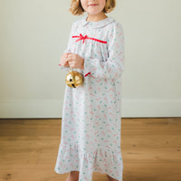 Little English traditional girl's flannel style nightgown, little girl's classic christmas nightgown with bow in candy cane