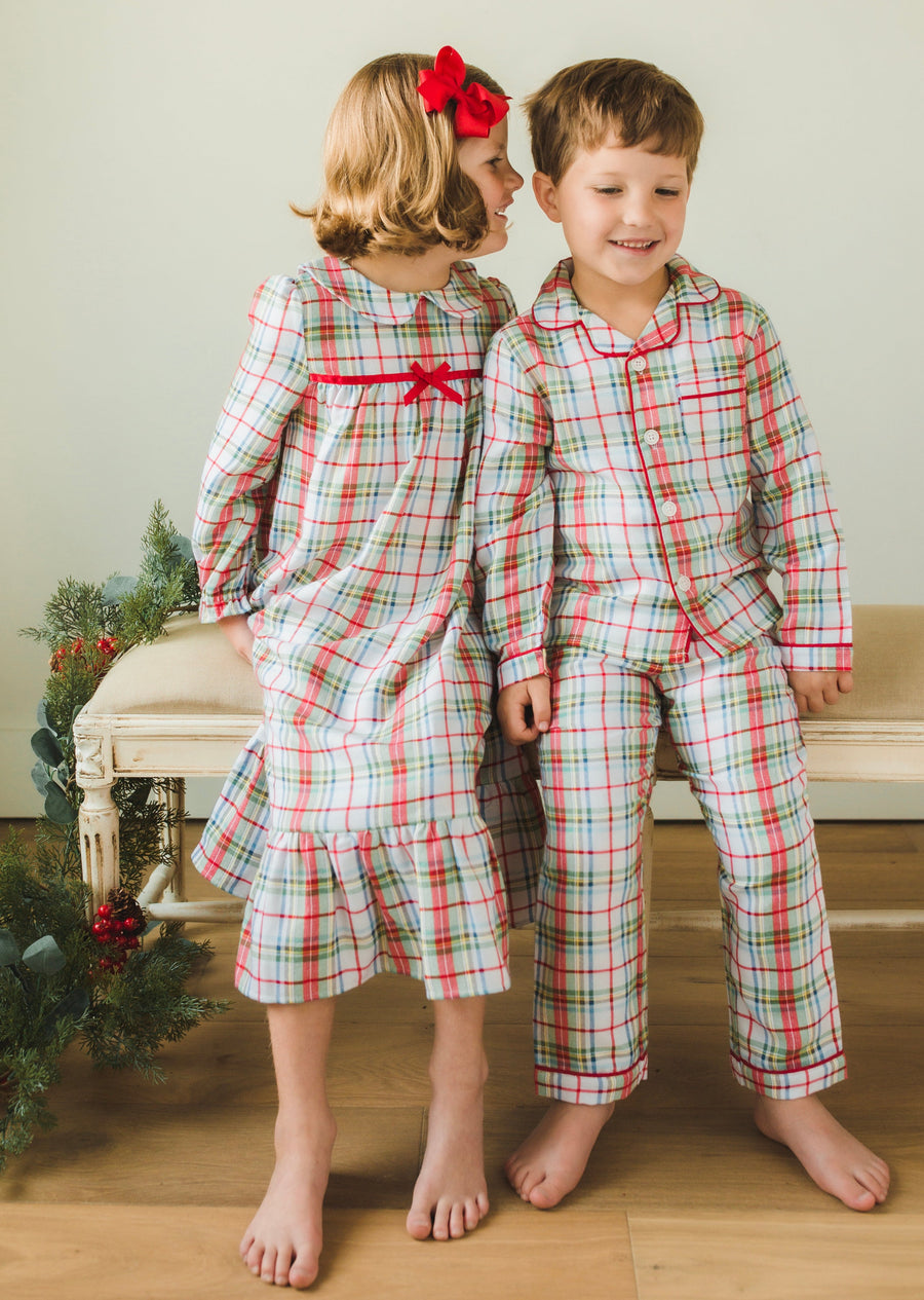 Little English traditional girl's flannel style nightgown, little girl's classic christmas nightgown with bow in plaid