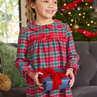 little english classic children's clothes, girls deep red and green tartan long sleeve flannel nightgown with peter pan collar for the holidays 