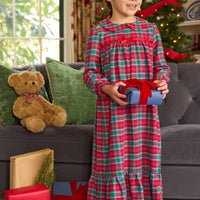 little english classic children's clothes, girls deep red and green tartan long sleeve flannel nightgown with peter pan collar for the holidays 