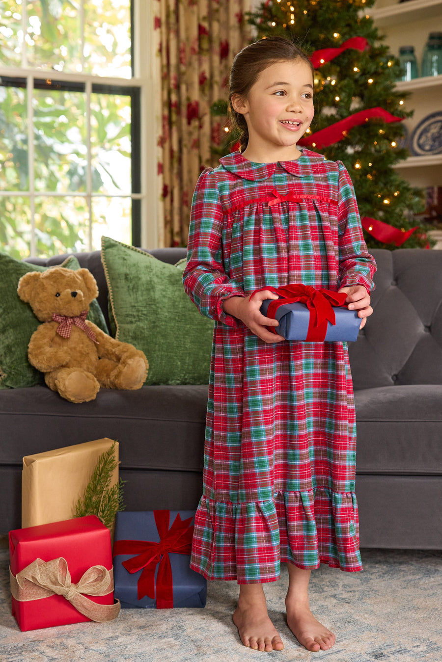 little english classic children's clothes, girls deep red and green tartan long sleeve flannel nightgown with peter pan collar for the holidays 