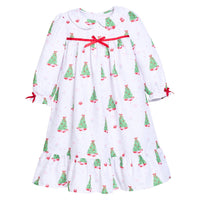 Little English classic children's clothing, White flannel nightgown with Christmas tree and present print with peter pan collar and red bow details for little girls