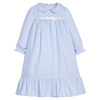 Little English traditional children's clothing, classic long-sleeve light blue gingham flannel nightgown for girls for Fall 