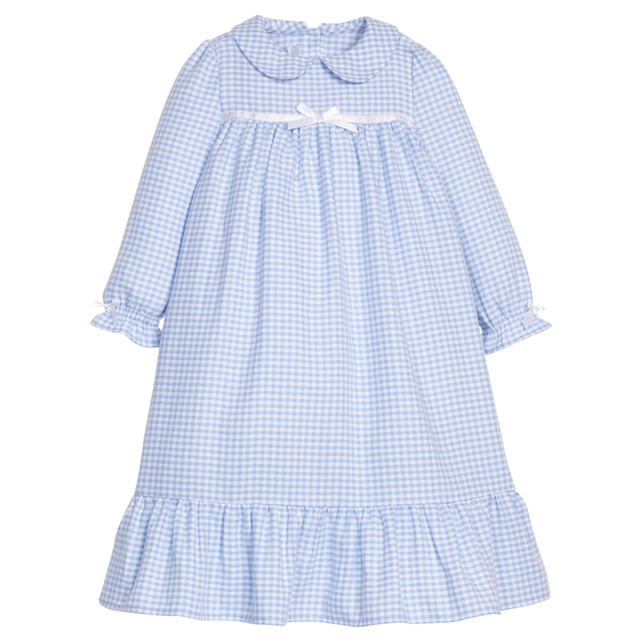 Little English traditional children's clothing, classic long-sleeve light blue gingham flannel nightgown for girls for Fall 