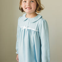 Little English traditional girl's flannel style nightgown, little girl's classic christmas nightgown with bow in light blue