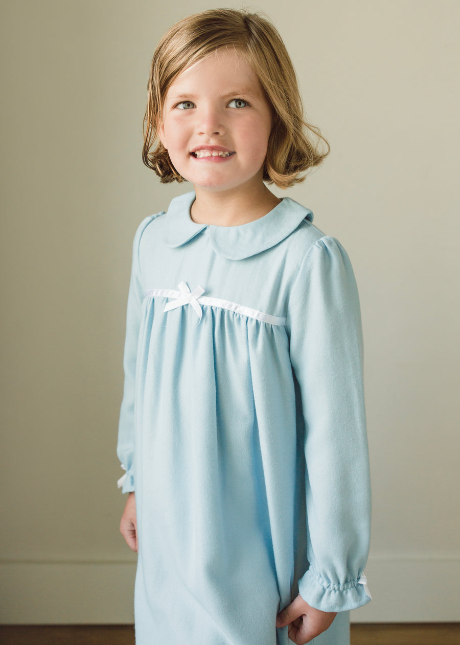 Little English traditional girl's flannel style nightgown, little girl's classic christmas nightgown with bow in light blue