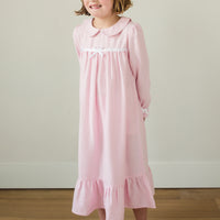 Little English traditional girl's flannel style nightgown, little girl's classic christmas nightgown with bow in light pink